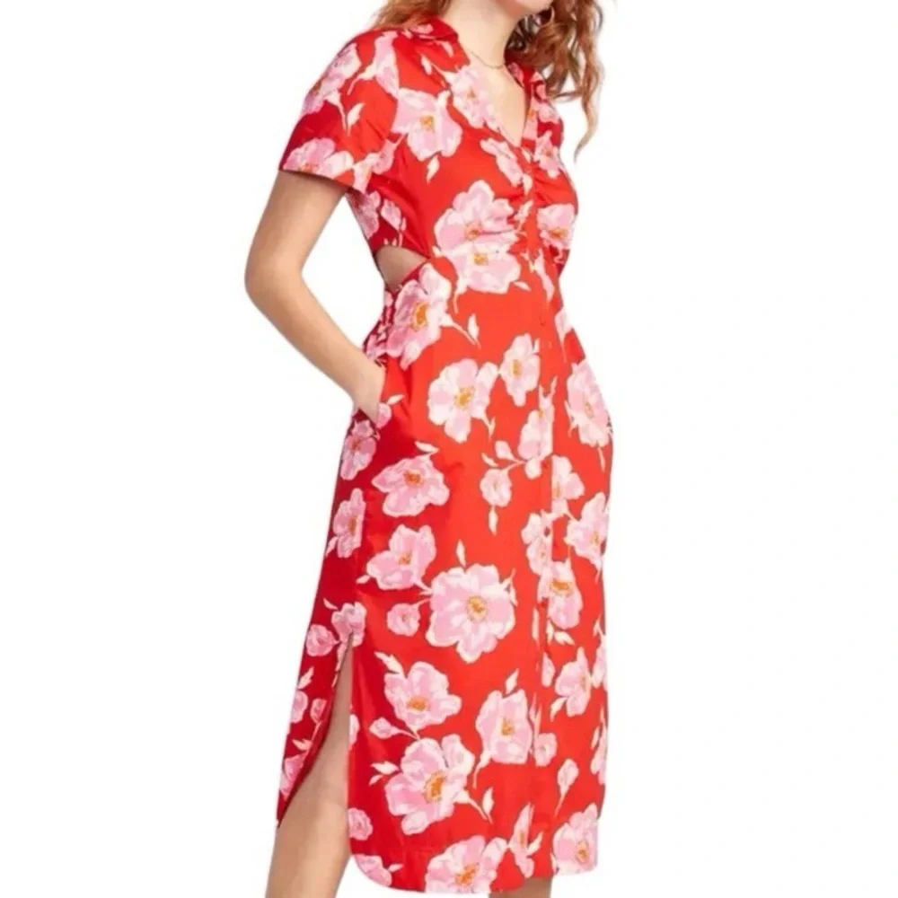 Old Navy Dress Women’s Medium Cutout Midi Shirt Dress Button Up Pink Red Floral. - Picture 7 of 7